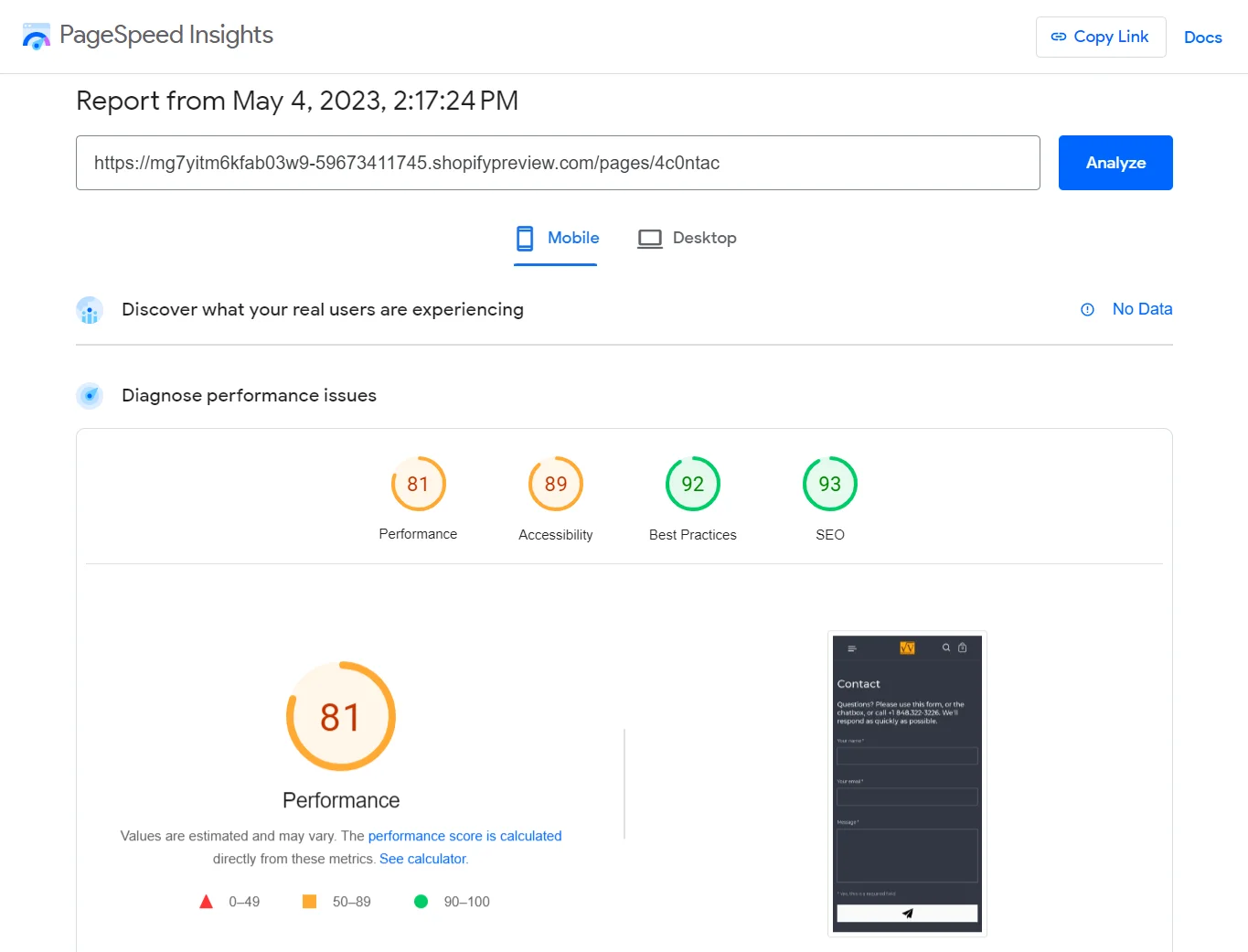 PageSpeed Insights Mobile report showing a performance score of 81.